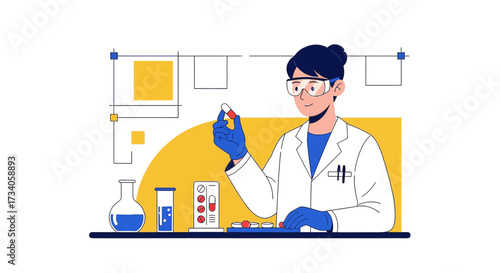 Scientist researching and developing new medicine in a laboratory setting with vials and pills