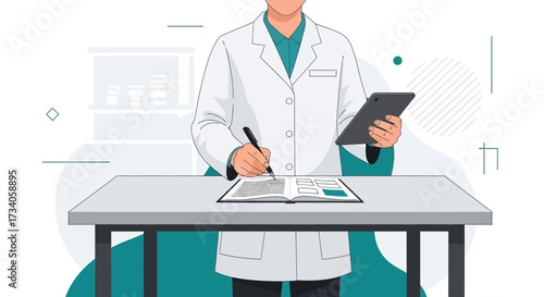 Scientist or doctor in lab coat using tablet and writing information on a medical report at his desk