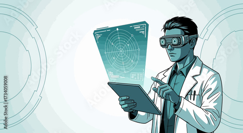 Scientist using augmented reality to analyze data visualized on a holographic screen