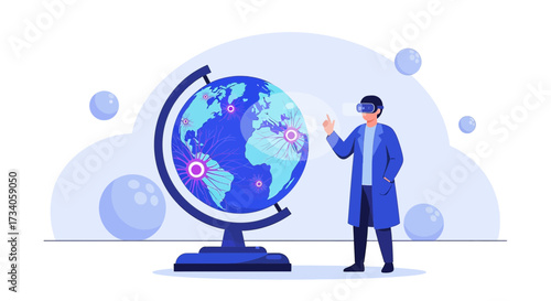 Scientist using virtual reality headset for global research and data analysis