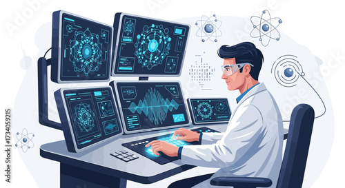 Scientist working on data analysis using advanced technology with multiple screens displaying
