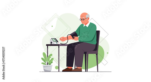 Senior man measures blood pressure at home for health monitoring and wellness