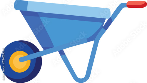A blue wheelbarrow positioned against a plain white background.

