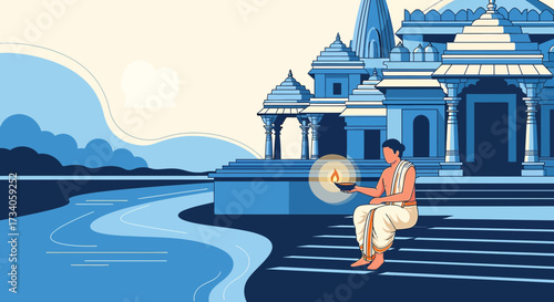 Serene depiction of a Hindu Priest performing aarti at a temple by the Ganges river