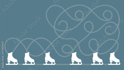A series of ice skates leaving swirling trails on a blue background in a graphic illustration