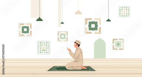 Serene illustration of a muslim man in prayer showcasing islamic culture and spirituality