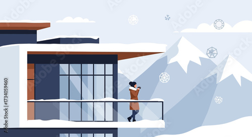 Serene Winter Scene: Woman Enjoying Hot Drink on Balcony with Mountain View in a stylish house