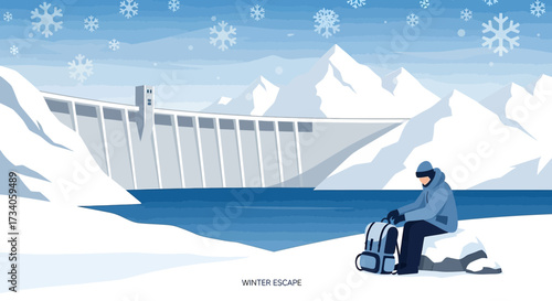 Serene Winter Getaway: Solitary Figure Contemplates Snowy Landscape near Hydroelectric Dam