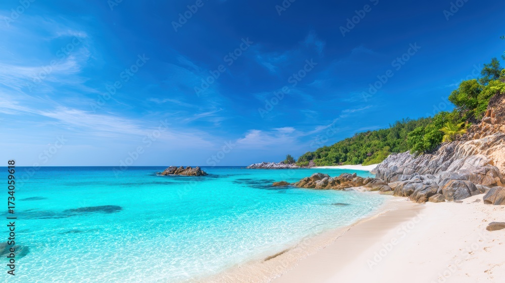 Naklejka premium Serene tropical beach with turquoise waters, soft sands, lush greenery, and clear blue skies in the background