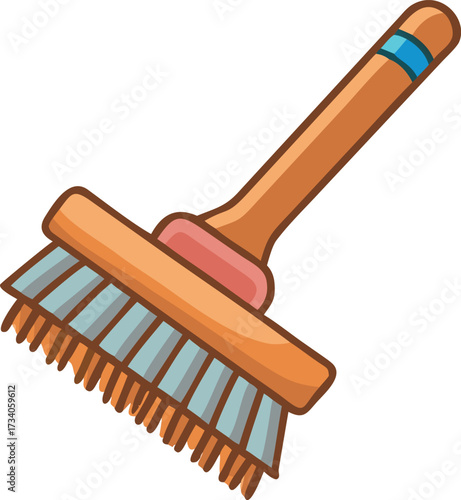 A paintbrush with a wooden handle, bristles at one end, resting on a white background.