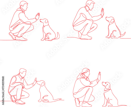 Man and dog giving high five in line art style and creativity continuous line drawing