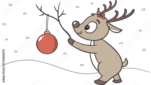 A cartoon deer cheerfully holds a colorful Christmas ornament, surrounded by festive decorations.