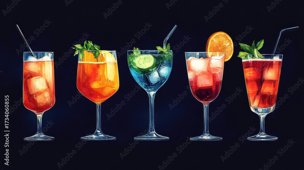 Fototapeta premium Colorful Cocktail Collection with Ice and Fresh Ingredients