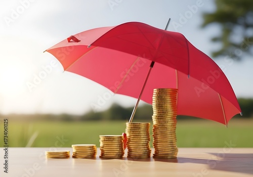 Stack of gold coins protected by a red umbrella, illustrating financial security and investment protection