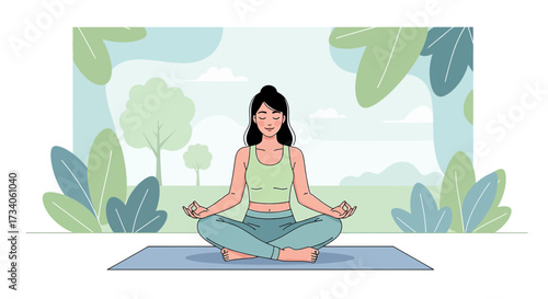 Serene Woman Practicing Yoga Outdoors for Wellness and Inner Peace Illustration