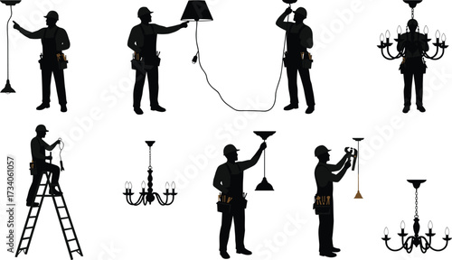 Electrician installing ceiling light fixtures, pendant lamps, chandeliers, and wiring maintenance with tools, ladder, and safety helmet vector illustration