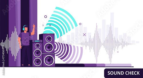 Sound Engineer Checking Audio System with Speakers and Sound Waves illustration