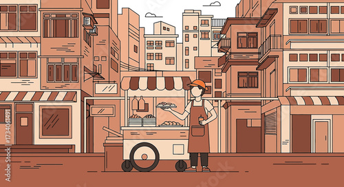 Street food vendor offering snacks in urban area with detailed architectural buildings illustration