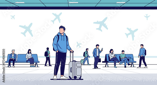 Stylized Airport Scene with Traveler and Passengers waiting for Departure