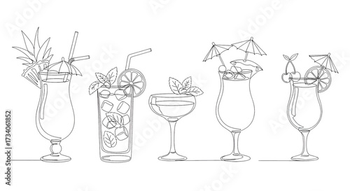 Continuous line drawing vector illustration with a fully editable stroke of exotic cocktail drinks.