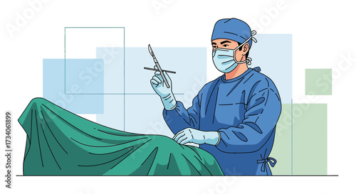 Surgeon holding scalpel in operating room preparing for surgery illustration