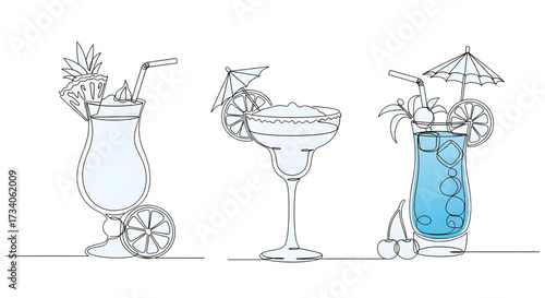 Continuous line drawing vector illustration with a fully editable stroke of exotic cocktail drinks.
