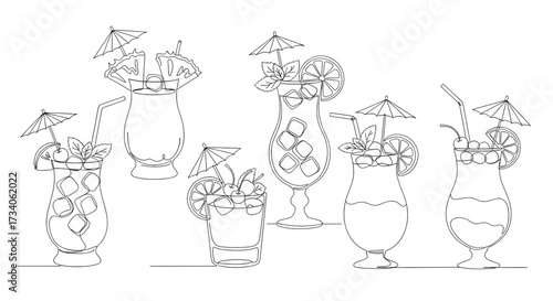 Continuous line drawing vector illustration with a fully editable stroke of exotic cocktail drinks.
