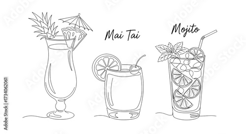 Continuous line drawing vector illustration with a fully editable stroke of exotic cocktail drinks.