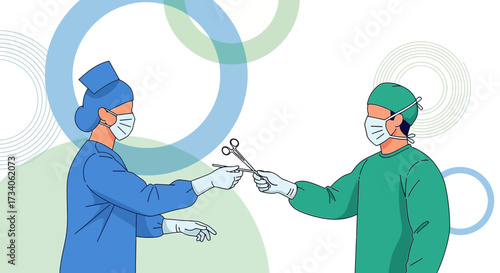 Surgeons exchanging surgical tools in operating room during a procedure illustration