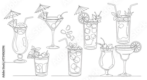 Continuous line drawing vector illustration with a fully editable stroke of exotic cocktail drinks.