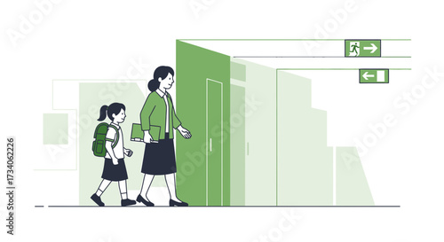 Teacher and student walking in school corridor minimalist line art illustration
