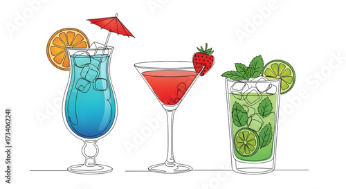 Continuous line drawing vector illustration with a fully editable stroke of exotic cocktail drinks.