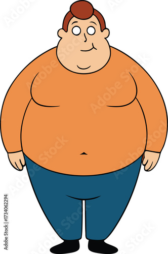 A cartoonish overweight man stands confidently with his hands on his hips, displaying a proud expression.