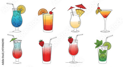 Continuous line drawing vector illustration with a fully editable stroke of exotic cocktail drinks.