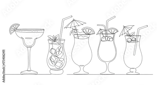 Continuous line drawing vector illustration with a fully editable stroke of exotic cocktail drinks.
