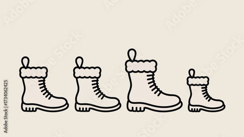 Four outlined winter boots with laces and fur trim in a row, decreasing in size from left to right