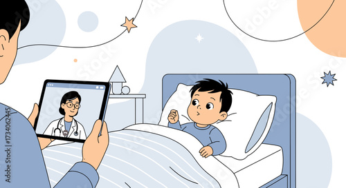Telemedicine consultation for a child with a doctor through a video call on a tablet, emphasizing