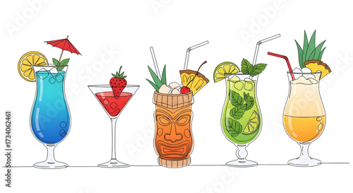 Continuous line drawing vector illustration with a fully editable stroke of exotic cocktail drinks.