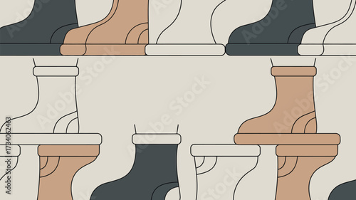 Repeating pattern of stylized winter boots in gray tan and white on a light beige background