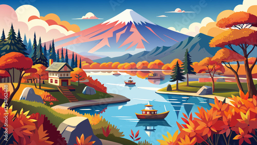 

Very beautiful Lake Mashu during autumn, Japan, Hokkaido, Shari District, Hokkaido, Kiyosato, Hokkaido, where golden leaves embrace crystal waters, creating a breathtaking natural scene