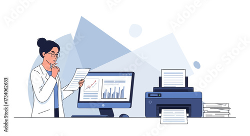 Thoughtful researcher analyzing data reports and printed documents in a modern office