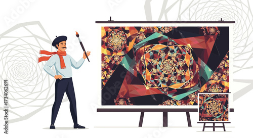 The artist stands proudly next to his geometric masterpiece, a vibrant display of color and form