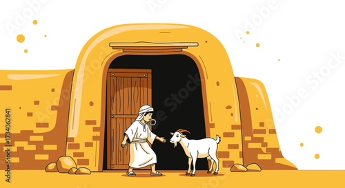 Traditional middle eastern scene depicting a man with a goat outside his desert dwelling