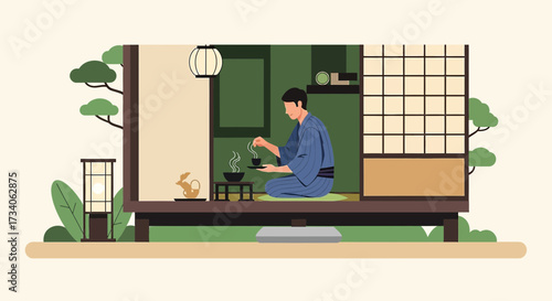 Tranquil Japanese Tea Ceremony Illustration with Traditional House and Man in Kimono