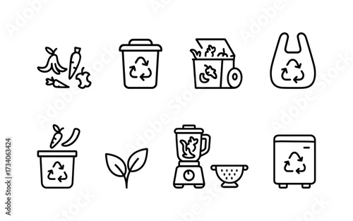 Set of ten black line icons including food scraps, compost bins, recycling bags, leaves, blender, colander, and compost machine.