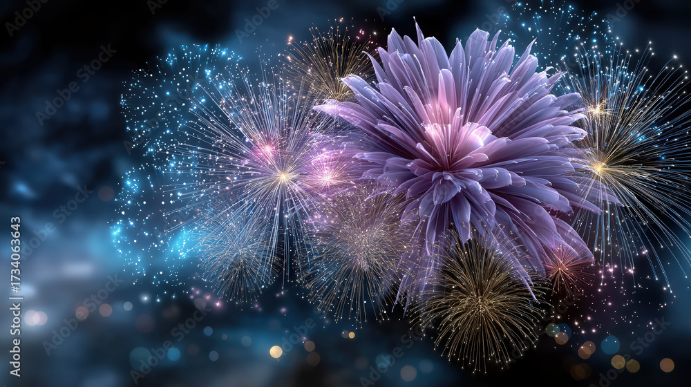 Fototapeta premium Stunning display of colorful fireworks bursts against dark background, resembling vibrant flower. scene evokes joy and celebration