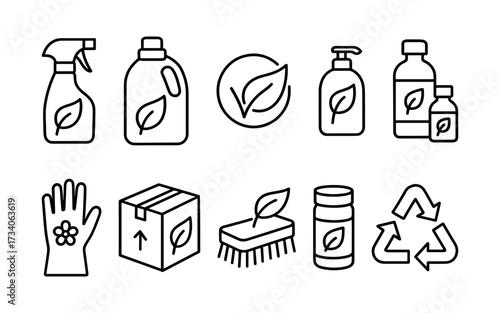 Set of twelve black line icons including eco-friendly cleaning products, spray bottles, detergent, soap, reusable gloves, citrus, and biodegradable packaging.