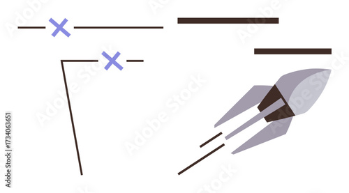 Rocket speeding towards success while navigating past obstacles marked with crosses. Ideal for innovation, strategy, goal setting, progression, achievement, risk management, simple flat metaphor