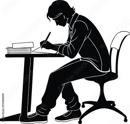 Young person writing at a desk in silhouette