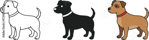 Three stages of a dog character design sketch silhouette and full color rendering of a small terrier breed for animation or illustration vector